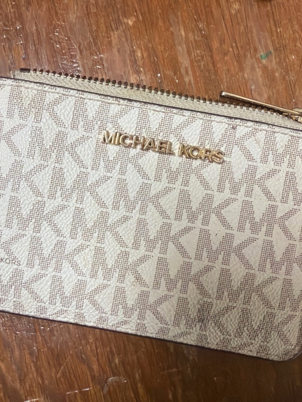 Michael Kors Monogram Zip Wallet - Ivory and Beige with Gold Hardware